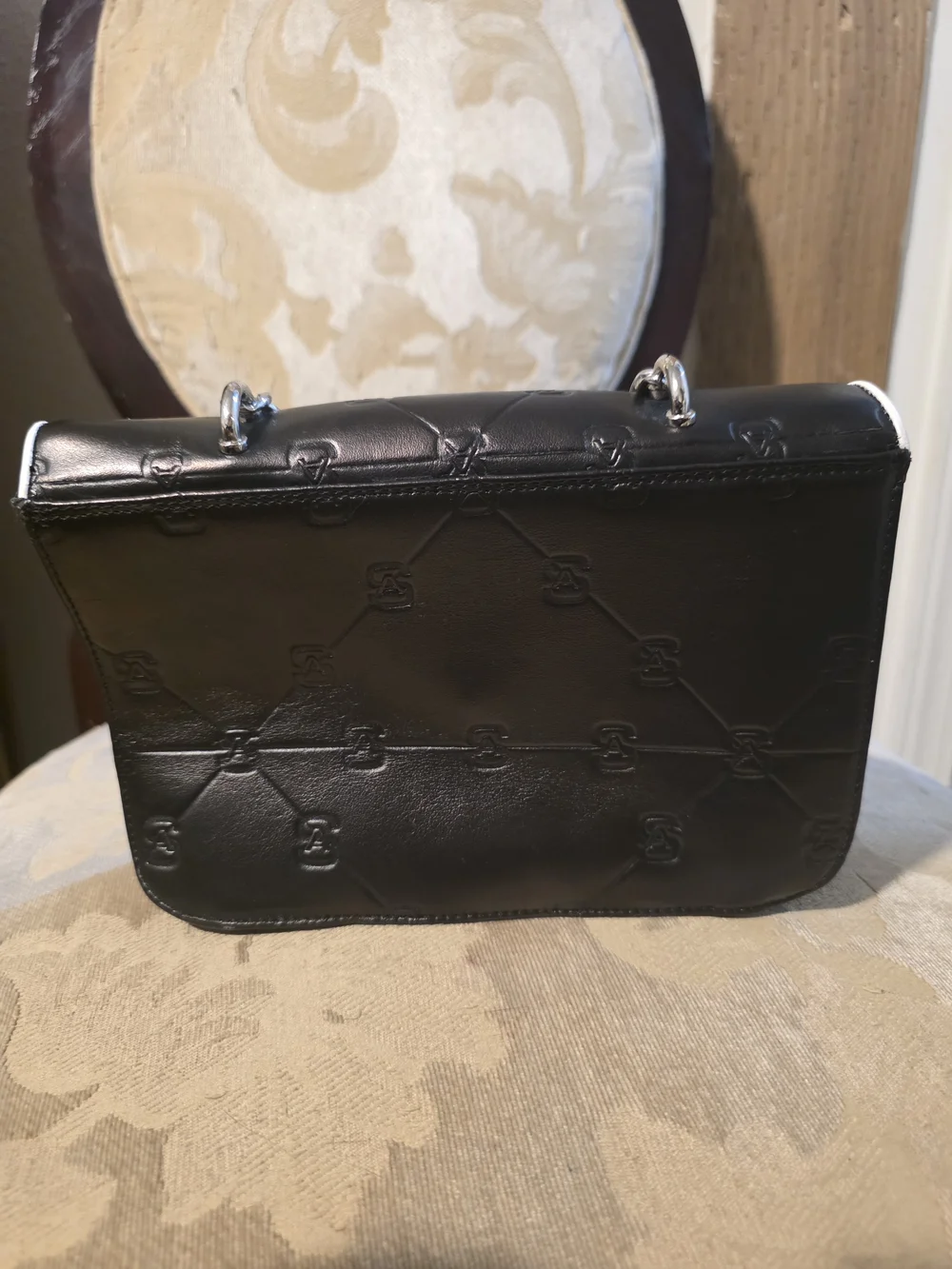 Black Satchel with White Trim and Silver Chain Top Handle